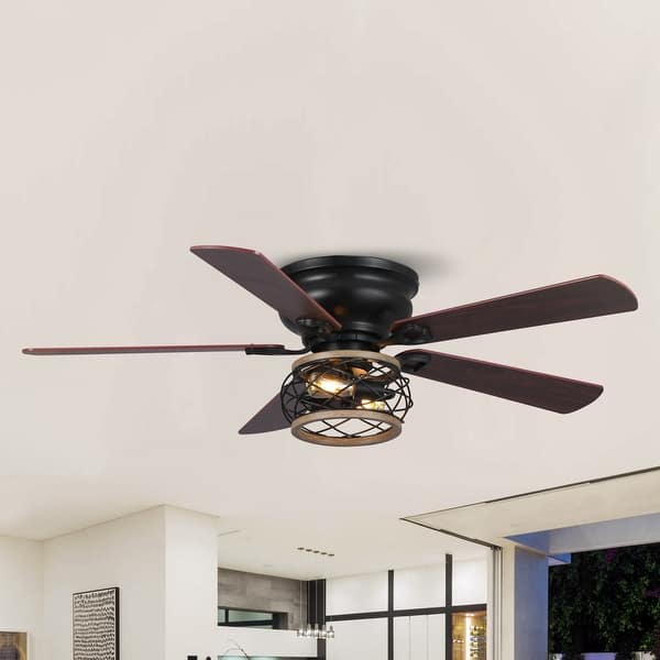 48" Farmhouse Wooden 5Blade Black Flush Mount Ceiling Fan with Remote and Light Kit On Sale
